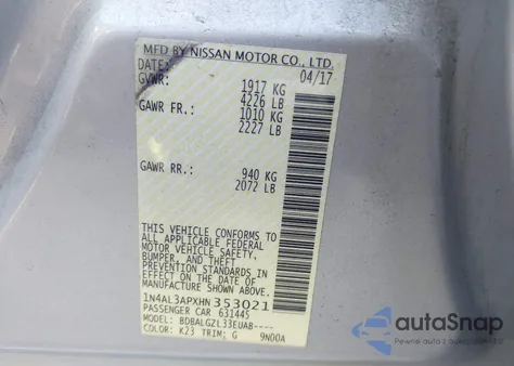 2017 Nissan Altima 2.5 S z USA, uszkodzony, nr VIN 1N4AL3APXHN353021